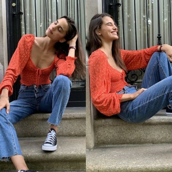 Urban Outfitters Womens Orange Top Smocked Crop Floral  Puff Sleeve Large - Picture 1 of 12